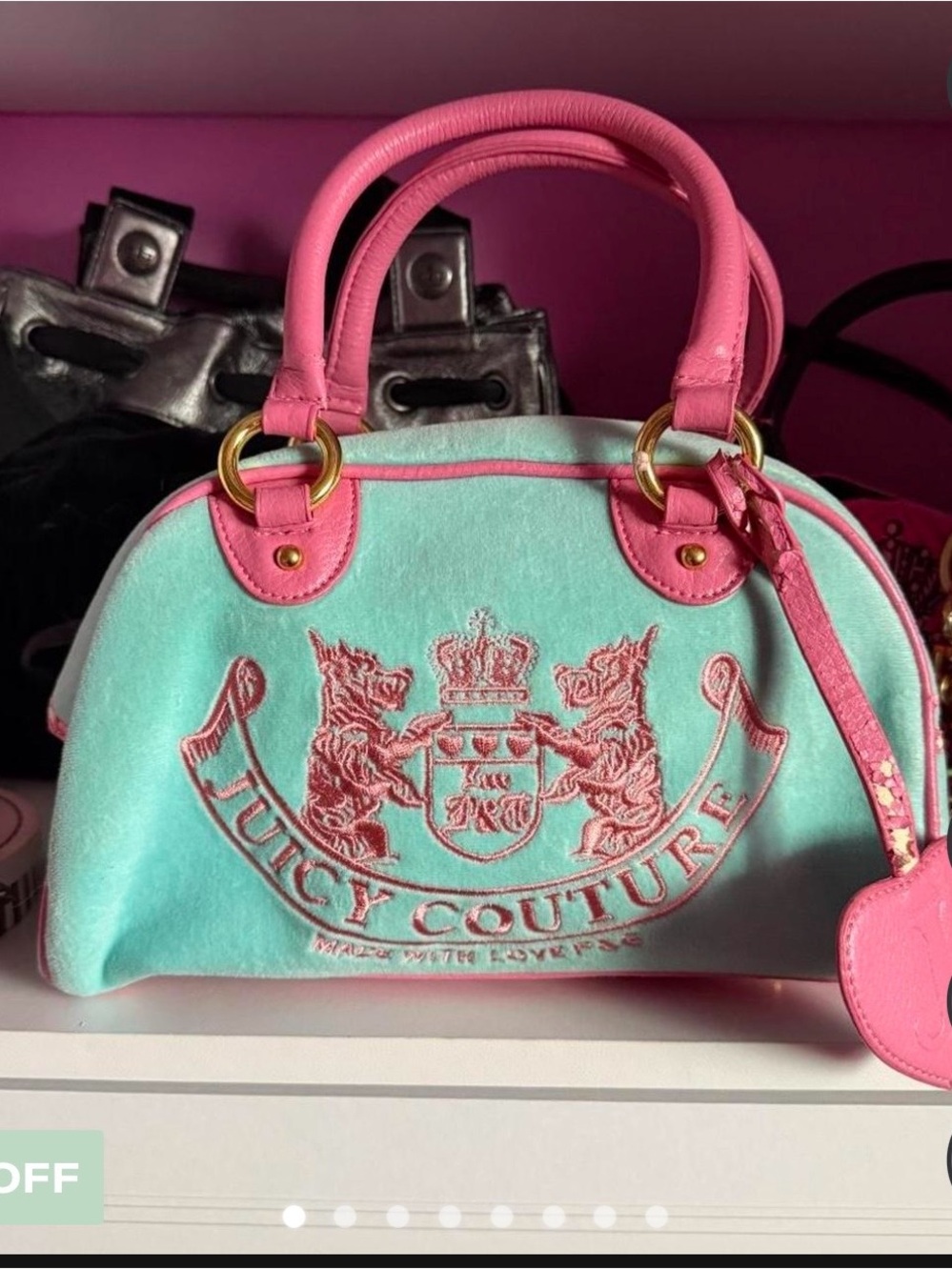 IOS 📢📢📢📢Juicy Couture Aqua Velvet Satchel with Pink Trim
